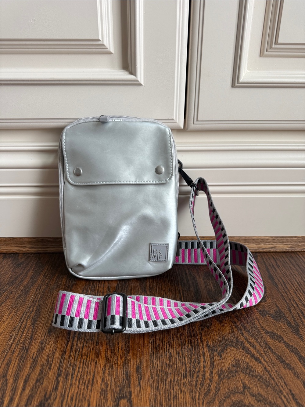 The Little Words Project Silver Crossbody Bag with Pink Accent Strap